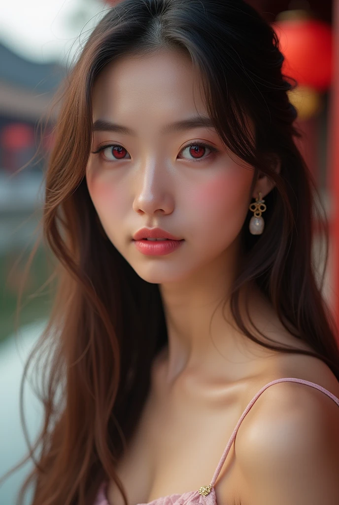 (Best Quality: 1.3, Masterpiece: 1.3), Ultra HD, (1girl, solo), atmospheric perspective, detailed face, upper body, makeup, pink lips, cleft lip, shiny skin, (brown hair), super long hair, Looking at In front of the audience, red eyes, earrings, small breasts, slim body, (white silk), (((((East Asian architecture, riverside, beautiful background))), perfect lighting, (frontal lighting), physically based rendering,
