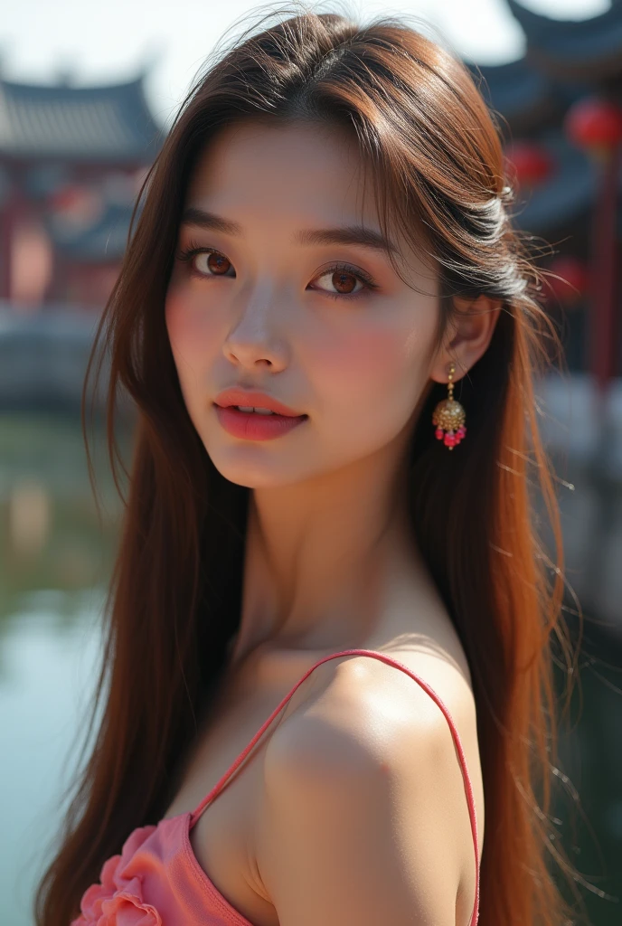 (Best Quality: 1.3, Masterpiece: 1.3), Ultra HD, (1girl, solo), atmospheric perspective, detailed face, upper body, makeup, pink lips, cleft lip, shiny skin, (brown hair), super long hair, Looking at In front of the audience, red eyes, earrings, small breasts, slim body, (white silk), (((((East Asian architecture, riverside, beautiful background))), perfect lighting, (frontal lighting), physically based rendering,