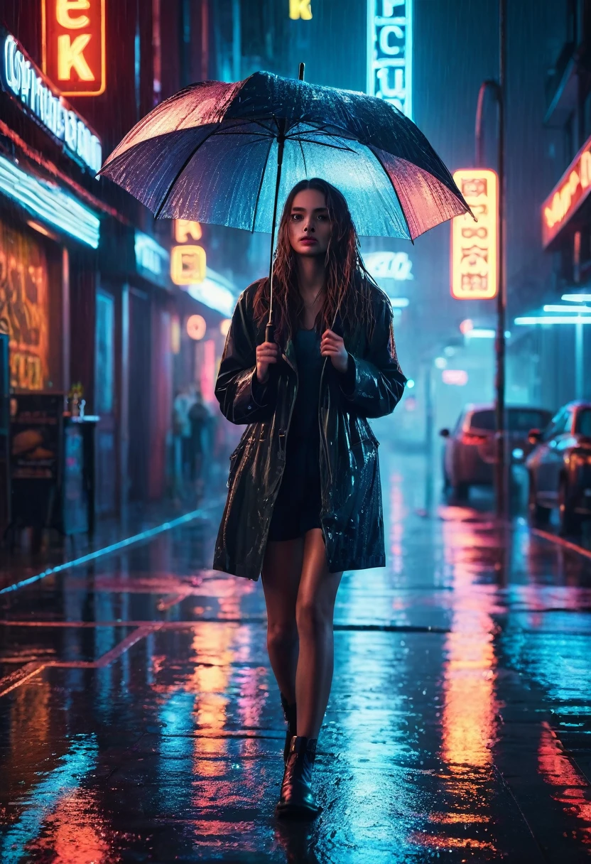 A rainy night cityscape, neon lights, wet pavement, atmospheric, moody, cinematic, 1girl walking down the street, detailed face and eyes, long hair, umbrella, puddles reflecting city lights, (best quality,4k,8k,highres,masterpiece:1.2),ultra-detailed,(realistic,photorealistic,photo-realistic:1.37),intricate details,dramatic lighting,warm color tones,glowing neon signs,atmospheric fog,cinematic composition