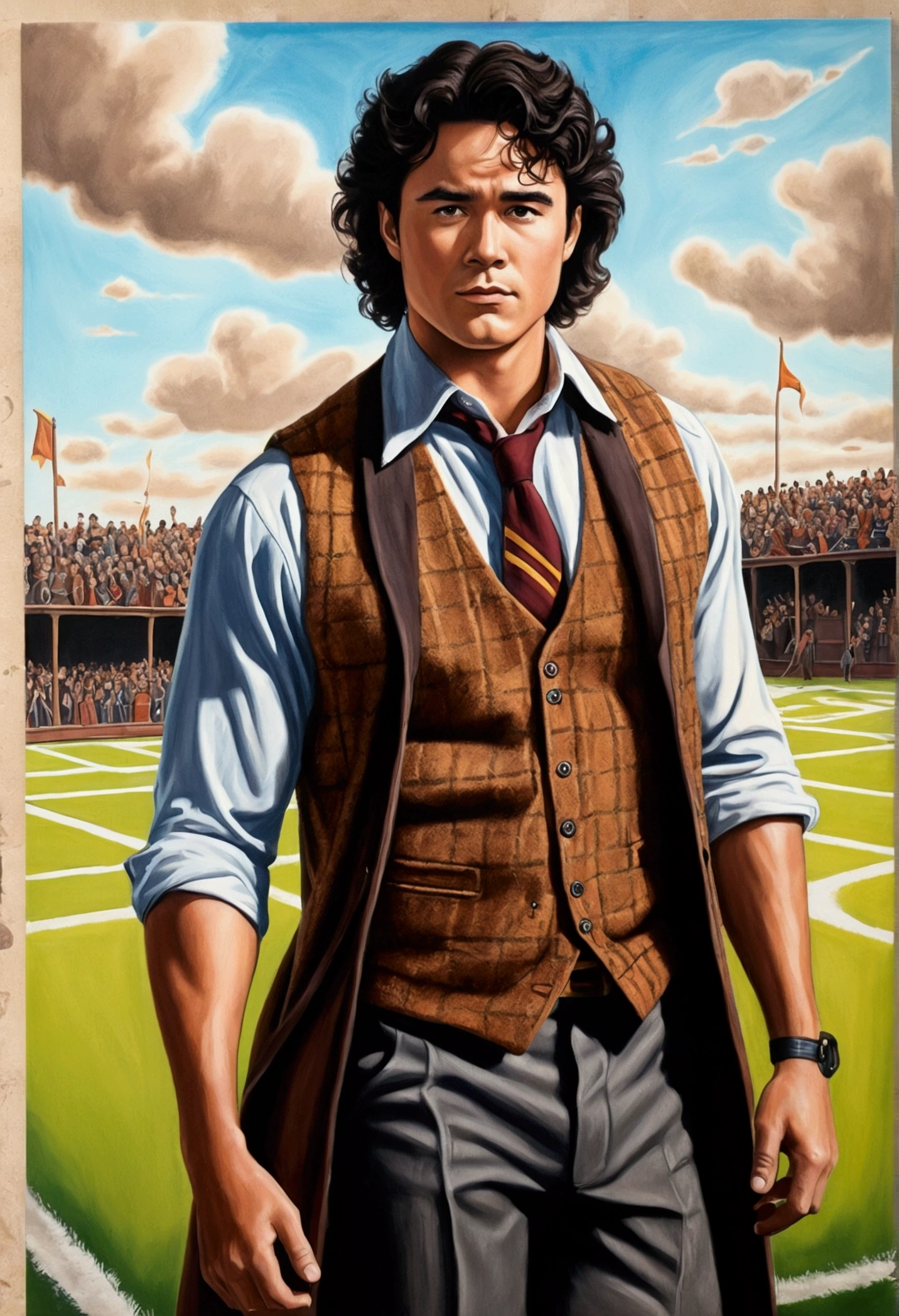An illustrated movie poster, hand-drawn, full color, a Hogwarts Professor, 21 years old, male, brown eyes, brown-black hair, voluminous curly mane, suntan complexion, medium height, broad shoulders, stocky frame, muscular, rugged scruffy appearance, lots of body hair, resembles Dean Cain, wearing a tweed vest and slacks, standing on a quidditch pitch, hard shadows, graphite shading, stencil marks, airbrushed acrylic paint, masterpiece, in the style of the Deathly Hallows