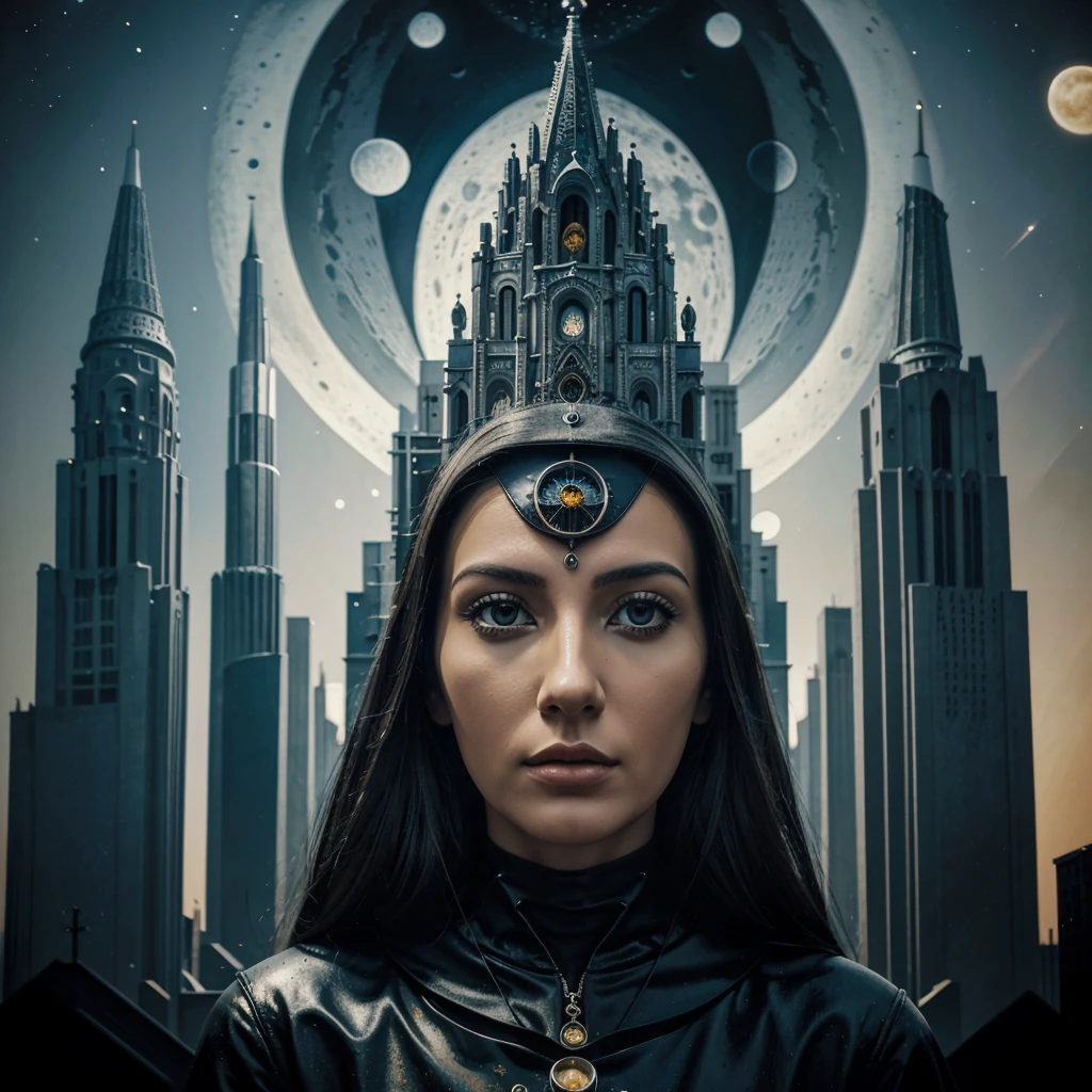 a close up of a painting of a person with an eye, by Tomek Setowski, deviantart, vorticism, painted tower of the moon, metal album cover art, highly detailed dark art, cathedral of sun, giorgio di chirico, eric lacombe, highly detailed illustration, cubist painting, dmt city, moon, black sun, beholder
