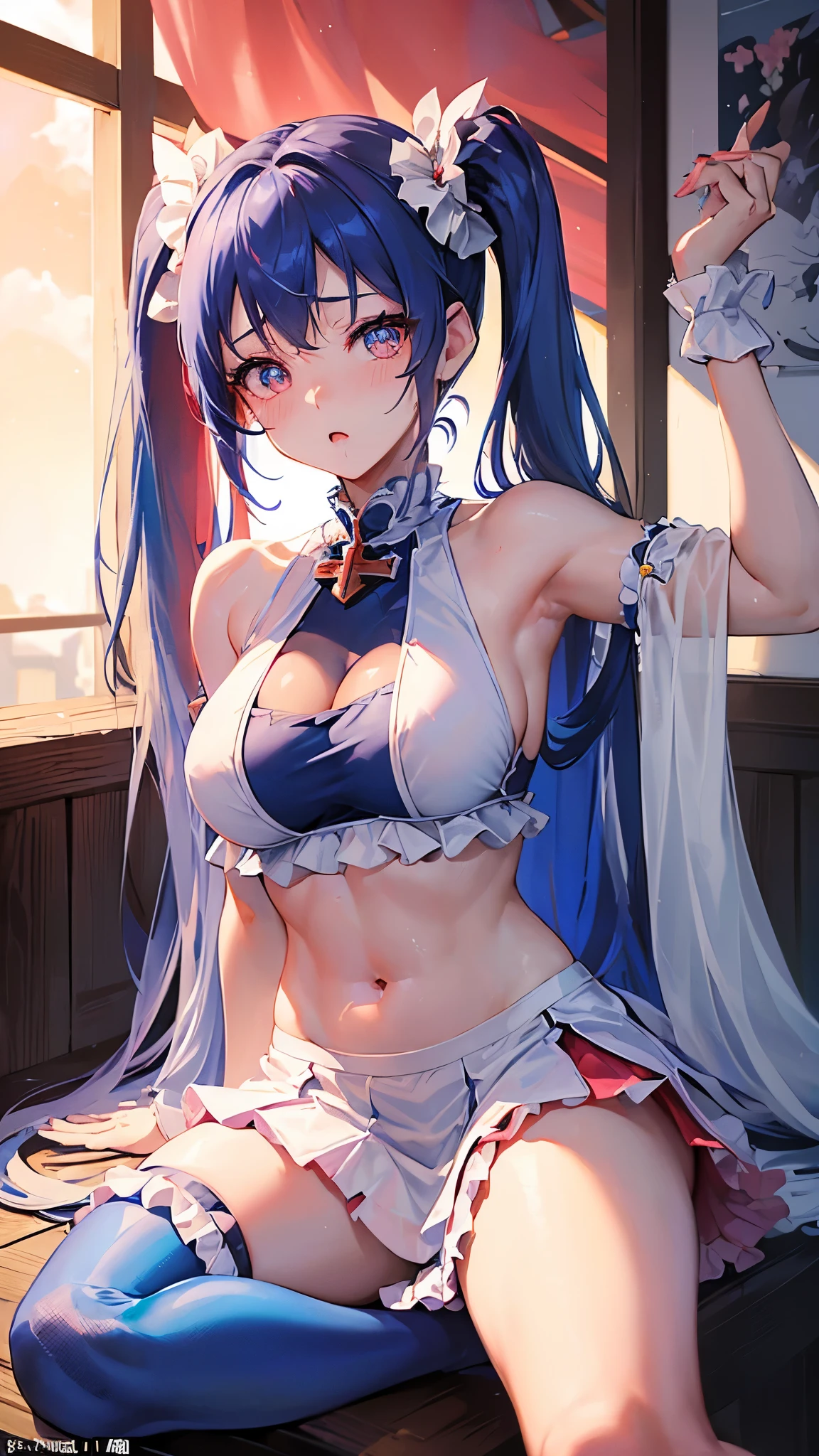 (((アニメ調cute顔))), ((((blue twin tails)))), hair ornaments、Lewd、((((Revealing race queen costume:1.5、Red and white)))), Highest quality, (Sharp details), 8k, ((cute)), Soaking wet, (looking at the camera),,cute胸、The cleavage is noticeable、Nipples erect、(((Pink vagina)))、Height: 160 cm、Embarrassed face、Very big eyes、sparkling pupils、anatomically correct body、Big thighs、slightly muscular、((Frilled skirt with slit))、Light from the front、Temptation Pose、(Naughty Fishnet Stockings)、Sit and cross your legs