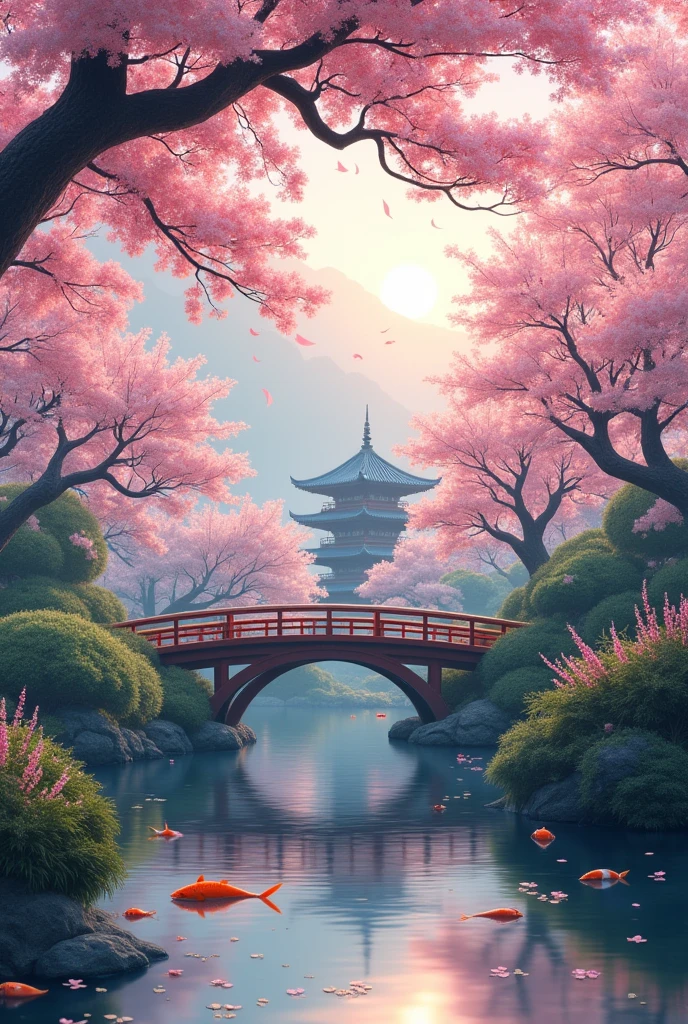 (digital painting),(best quality), serene Japanese garden, cherry blossoms in full bloom, koi pond, footbridge, pagoda, Ukiyo-e art style, Hokusai inspiration, Deviant Art popular, 8k ultra-realistic, pastel color scheme, soft lighting, golden hour, tranquil atmosphere, landscape orientation