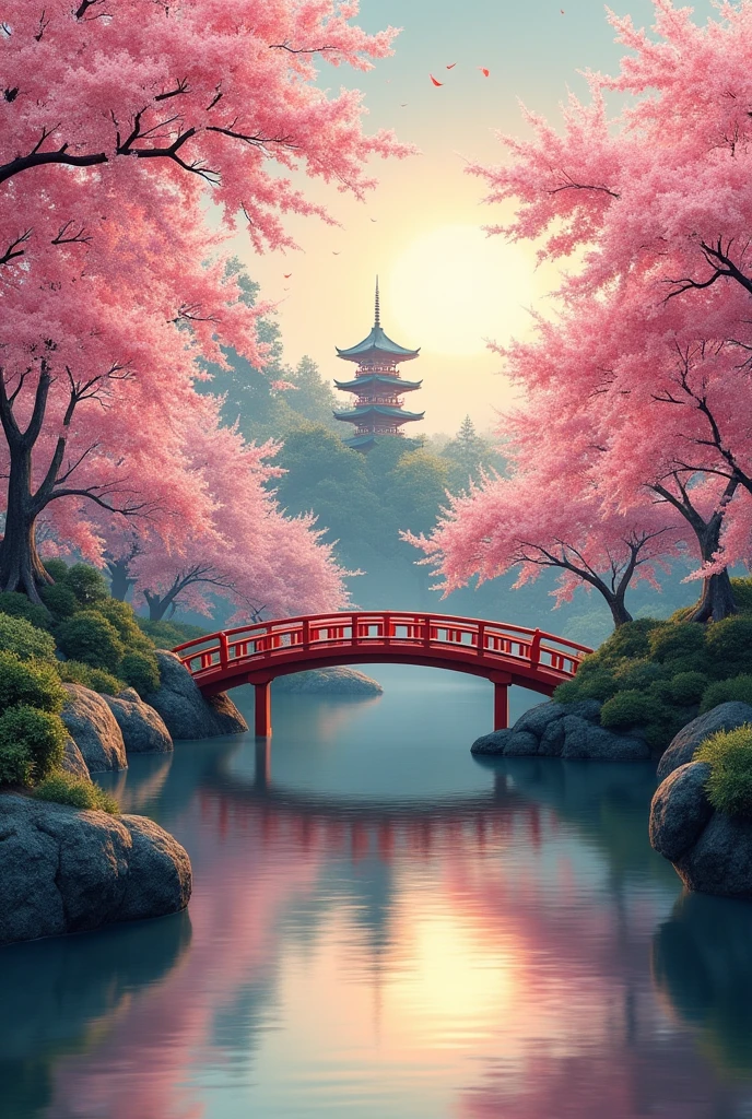 (digital painting),(best quality), serene Japanese garden, cherry blossoms in full bloom, koi pond, footbridge, pagoda, Ukiyo-e art style, Hokusai inspiration, Deviant Art popular, 8k ultra-realistic, pastel color scheme, soft lighting, golden hour, tranquil atmosphere, landscape orientation