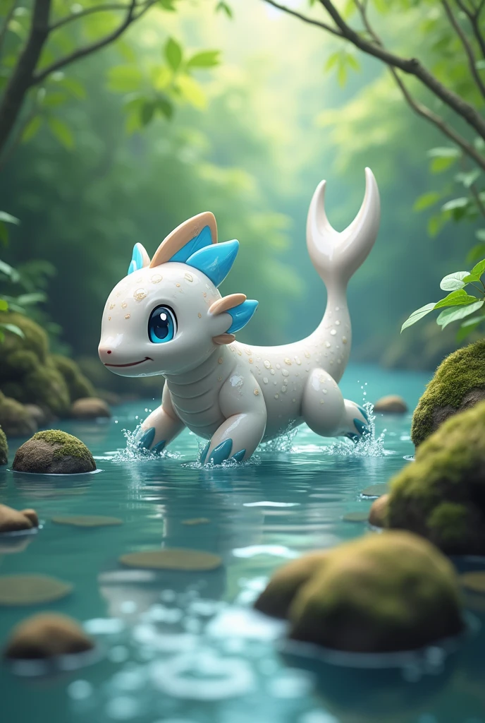 Water and Ground type Pokemon, inspired by a polypterus senegalus, in light gray color, with blue and light brown details