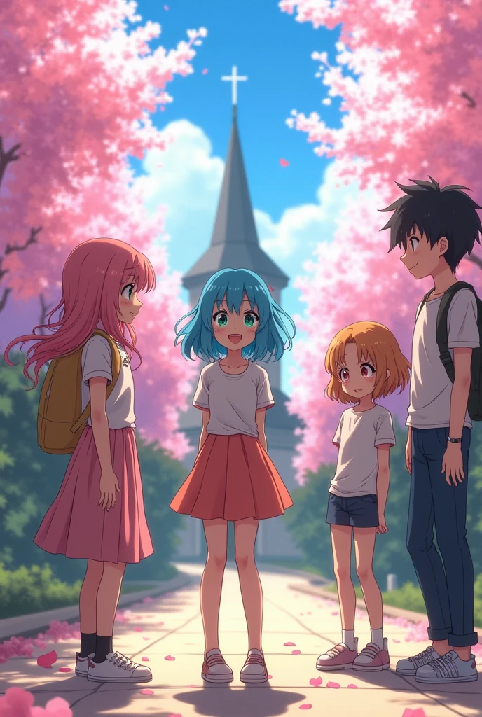 GENERATE AN ANIME IMAGE ABOUT 1 GIRL ASKING HER THREE FRIENDS (2 GIRLS AND 1 BOY) TO GO TO CHURCH, THEY ARE ALL 18 YEARS OLD
