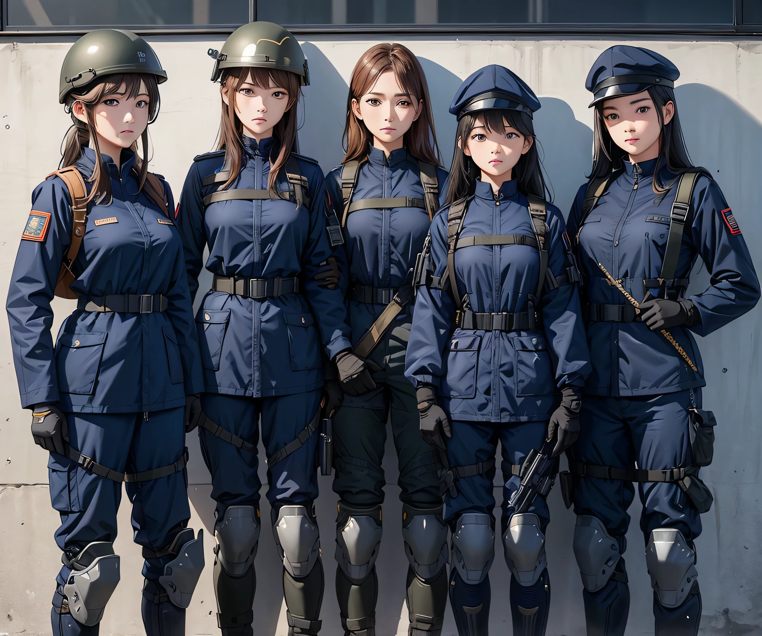 Four female soldiers wearing helmets，Wearing navy blue uniform、Military Pants、Magazine Pouch、Tactical Shoulder Strap、Knee pads、Standing side by side、Write details、masterpiece、best quality、Highly detailed CG、8K picture quality