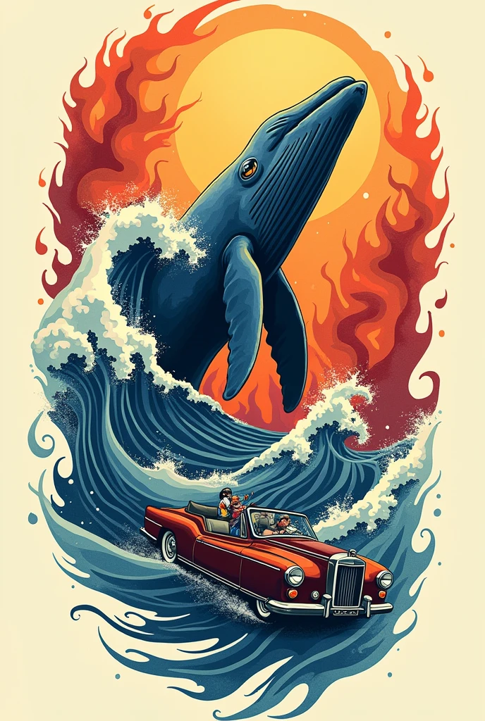 A tattoo design combining water, whale, fire, Car and camera