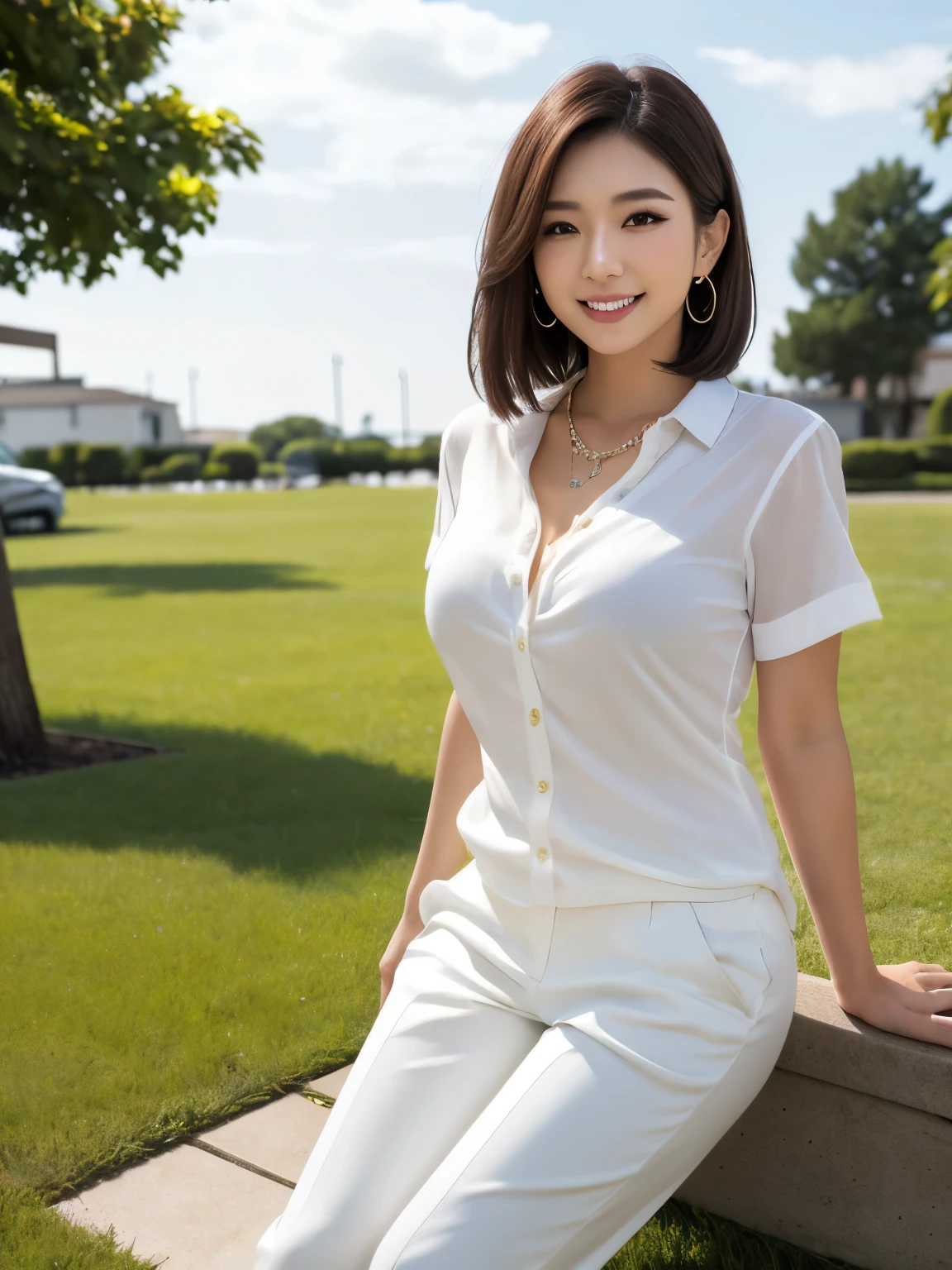 (From the knee up),Japanese women,Beautiful woman,gravure,sexy,Beautiful Skin,((Beautiful Eyes)),Detailed face,(Glamour),short hair,Brunette colored hair,20th Generation,Glamour system,Bust size: 87cm,Neat stenosis,(Adult),smiling sexy,((Large lawn))、((Casual dress shirt、Short sleeve)),((White pants trousers))、necklace、Earrings