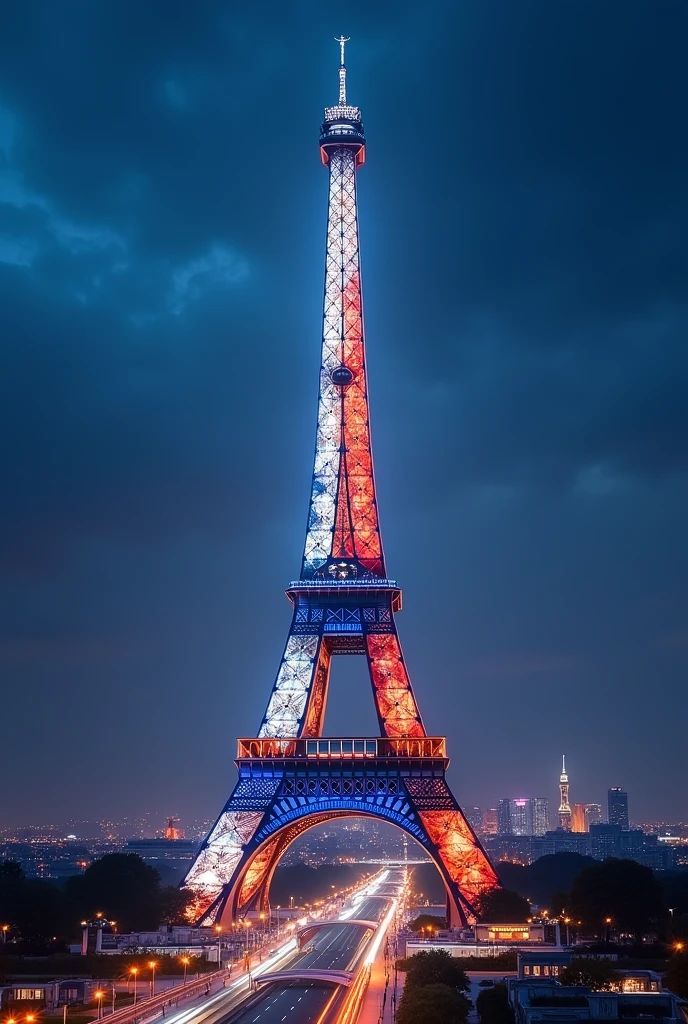 Eiffel Tower with a super different and futuristic design telling a story of the past, present and future of Paris. With an ultramodern architecture, being the landmark of the country, and with the three colors of the French flag.
