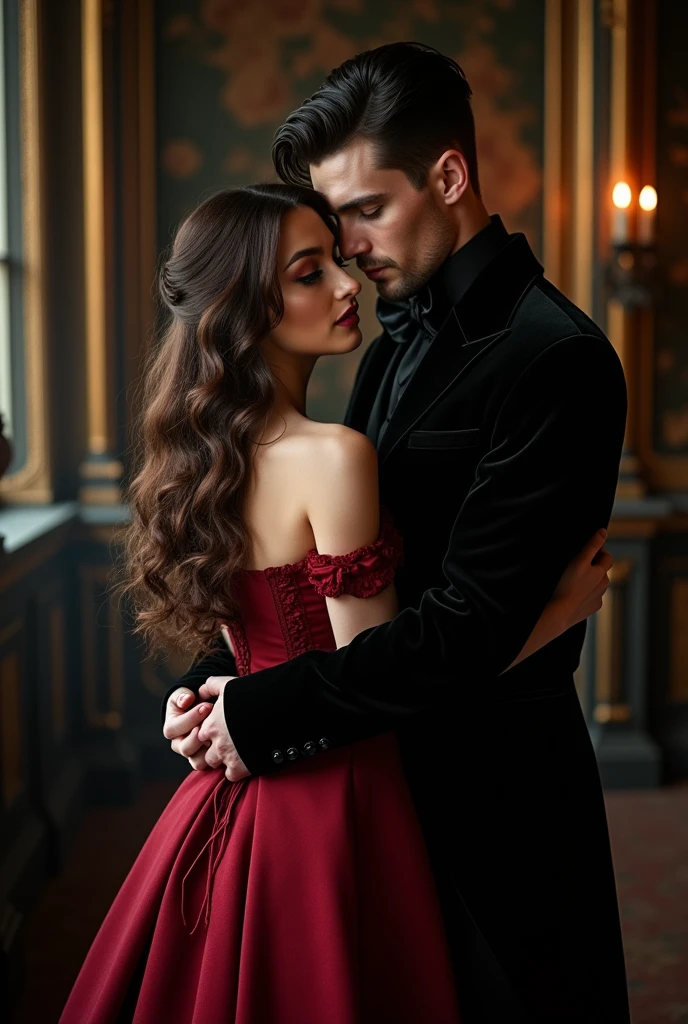 a beautiful young woman with tanned skin wearing a long red dress in a mansion next to a vampire with medium-length, wavy hair that reaches her shoulders (realistic image where you can see their faces) 