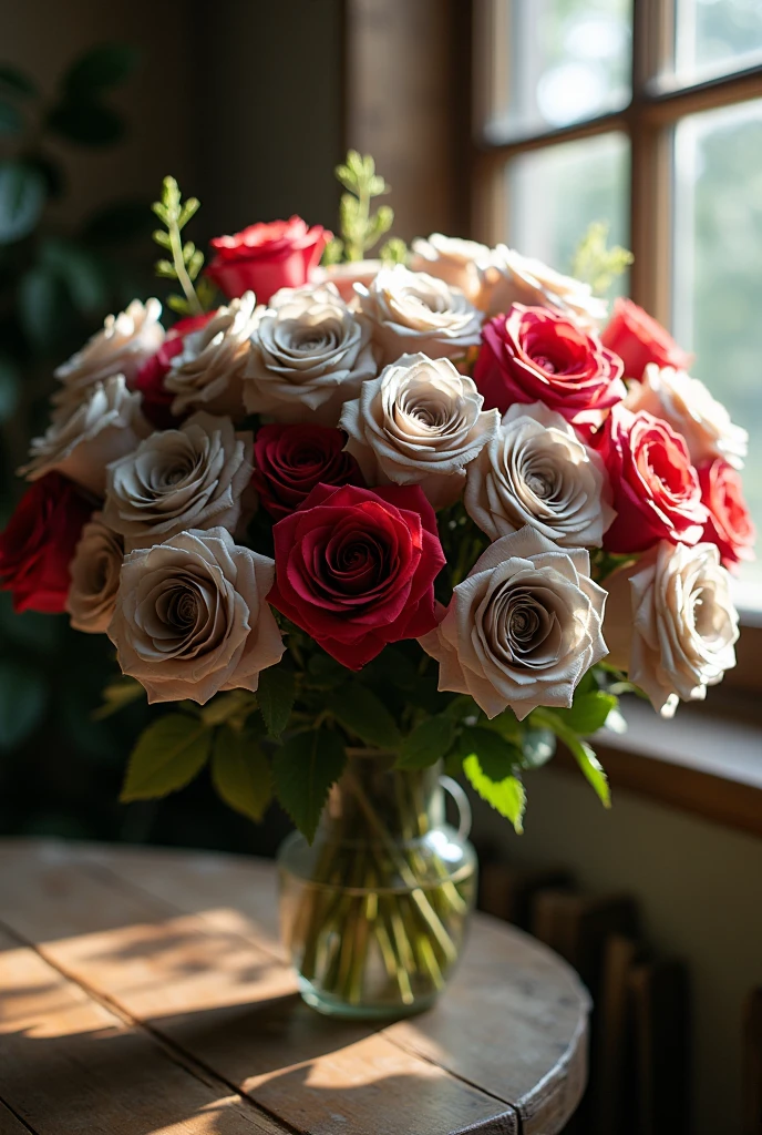 A big bouquet of flowers, all the roses in it are faded and gray, there is only one fresh red rose