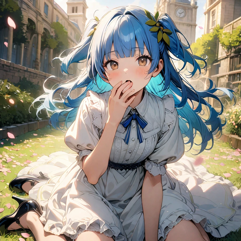 1 idol,solo,16yo,ultra-detailed face,detailed eyes,brown eyes,blunt bangs,blue hair,two side up,fragrant olive hair accessory,wariza,White Victorian dress,Patent high heels,looking at viewer,sleepy,yawning,hand over own mouth,parted lips,rim light,out doors Countryside of fragrant olive tree,(petals:1.3),1 Clock tower,highly detailed illustration,masterpiece,8K,top quality