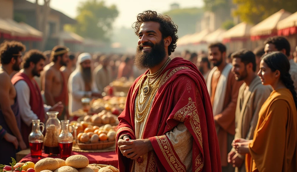 Create a hyper-realistic image of Solomon in an environment where he is distributing food and resources at a harvest festival. The scene should show tables full of fruit, breads, and wine jugs, with people in typical clothing from the time from all parts of the kingdom participating in the celebration. Solomon is at the center of the scene, with an expression of contentment as he watches the happiness of his people, reinforcing that generosity creates a continuous cycle of positive feedback.