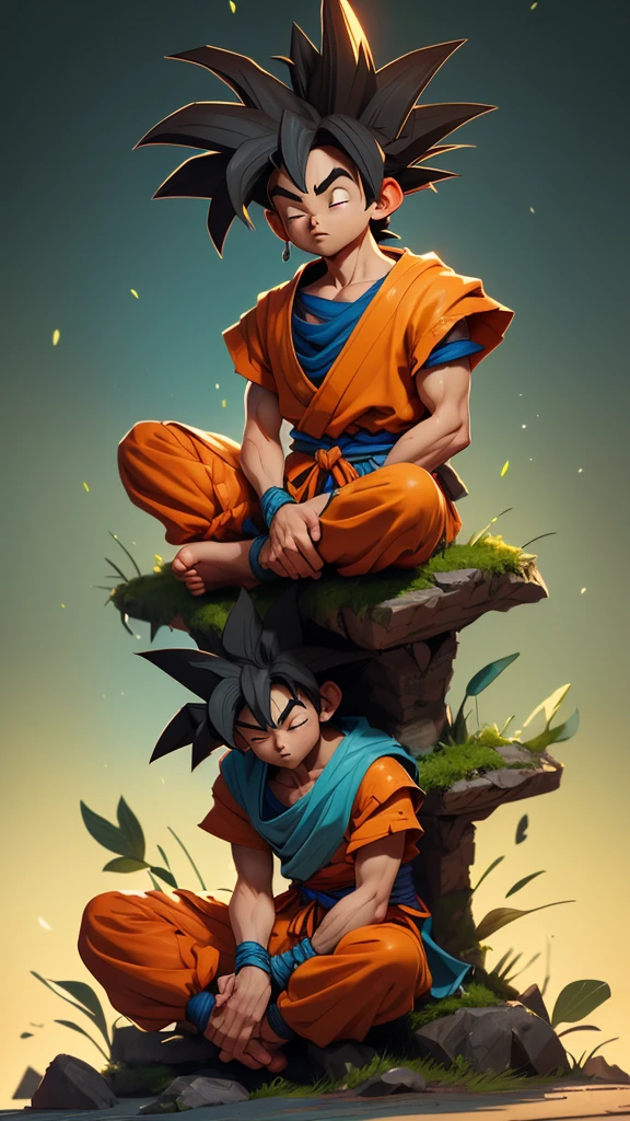 Goku sitting cross-legged on the ground, in a serene environment like a mountaintop at sunrise. His eyes are closed, and his hands rest on his knees as he meditates. His gi is slightly torn, evidence of a recent battle, but his expression is peaceful, as he regains his energy