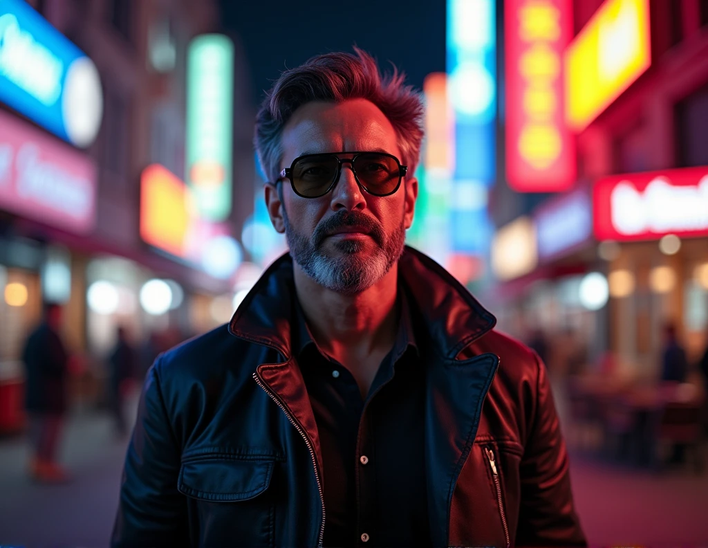 4o year old men Wearing meta rayban black Glasses with dark brun lens, full body, by Alena Aenami, dcinemaric youtuber composition, cinematic dynamic action scene, vibrant colors, cinematic lighting, dramatic lighting, best quality, masterpiece, very aesthetic, perfect composition, intricate details, ultra-detailed