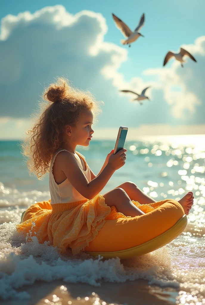 A girl with curly hair sitting into a slipper and pass across sea ,taking a realistic photo and a phone in her hand