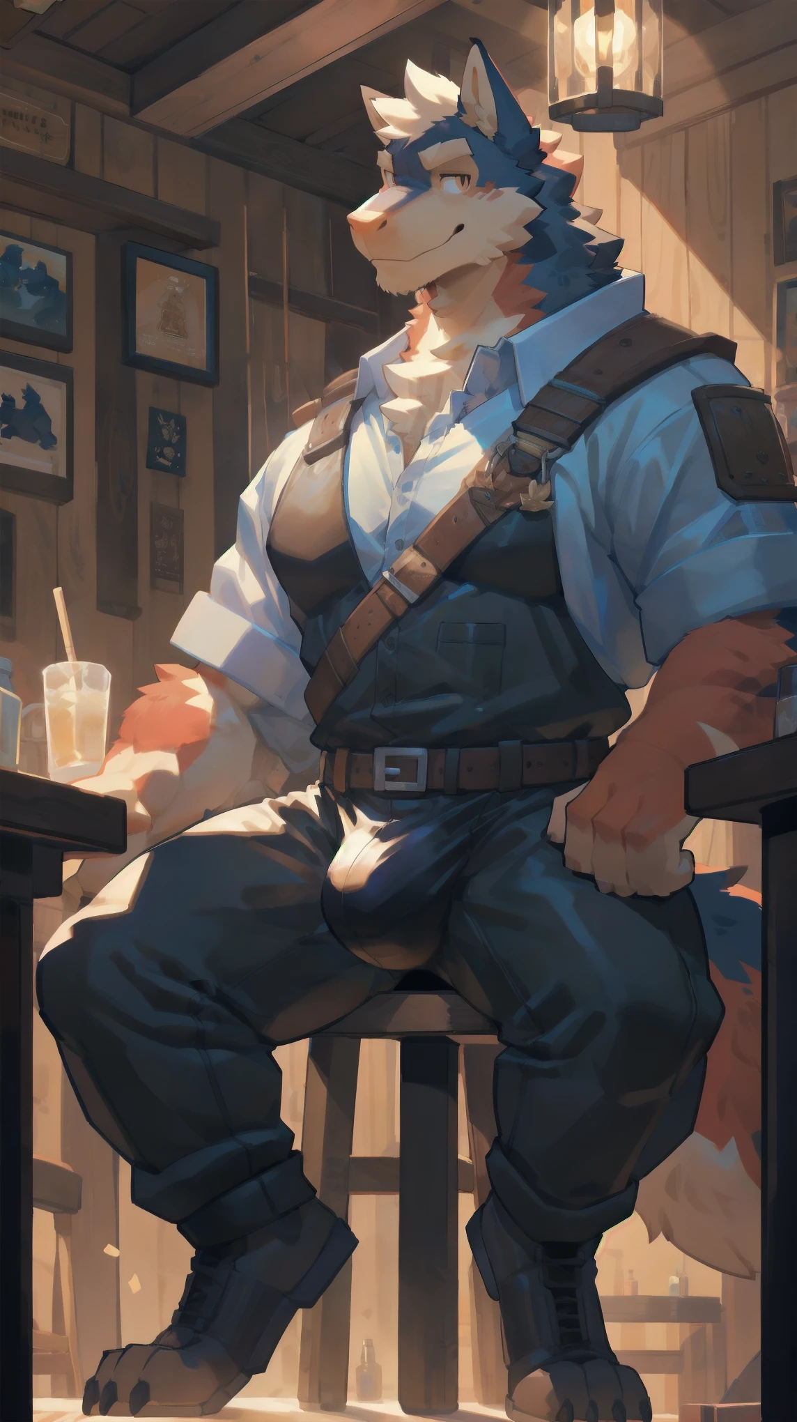 Solo, male, sitting at tavern, bulge, by bigcozyorca, by goonie-san, by bebebebebe, by spikedmauler, front view, big buff , wolf tyrannosaurus hybrid,  red fur, black fur, bushy tail, buff, wearing brown fantasy leather armor, tall, masculine,  bulge, sexy, sexy expression 