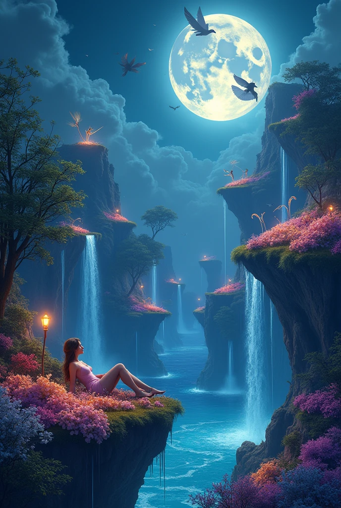 A surreal landscape where reality blends with fantasy—floating islands in the sky, connected by cascading waterfalls. A giant moon hangs low in the sky, with stars twinkling brightly. On one of the islands, a dreamer lies peacefully, surrounded by glowing flowers, as mystical creatures play around them. there should be no girls image in it 