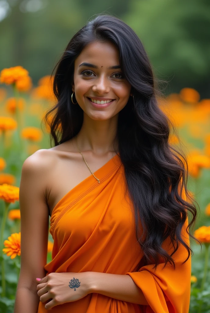 Generate an Indian beautiful girl.

She stands at about 5'6" with a fit and toned physique, thanks to her regular yoga practice and healthy diet. Her long, dark hair cascades down her back like a waterfall, with subtle waves that add to her natural beauty. Her bright, expressive brown eyes sparkle with kindness and intelligence, framed by thick eyelashes that add to their allure.

Her smile is radiant, with perfectly aligned teeth that light up her entire face. Her skin has a warm, golden glow, a result of her love for outdoor activities and a healthy lifestyle.

She has a small nose ring and a delicate tattoo of a lotus flower on her wrist, symbolizing her spiritual growth and connection to her roots.

She exudes confidence and grace, with a gentle humility that makes her even more beautiful. Her style is elegant and understated, often dressed in traditional Indian attire that accentuates her beauty.