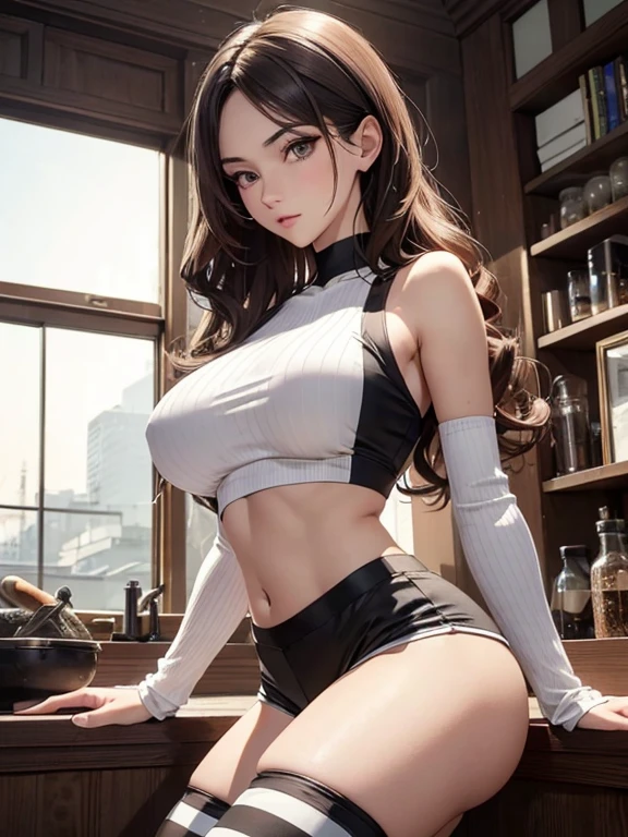 Best Quality, ultra high resolution, 32k, hyper realistic, ultra-detailed, Very detailed CG 8k wallpaper, detailed background, landscape, Beautiful Lighting, Perfect Lightning, Realistic Shadows, perfect anatomy, anatomically correct, ideal ratio body proportions, perfect figure, Perfect Style, Perfect balance, super Detailed skin, 23 years old, double d breasts, very Slim body, narrow waist, handsome detailed woman, very detailed eyes and face, realistic face proportions, Realistic beautiful face, Realistic beautiful eyes, full body shot, very huge round , medium hair, asymmetrical hair, wavy hair, indoor, crop top, shorts, striped thigh high socks