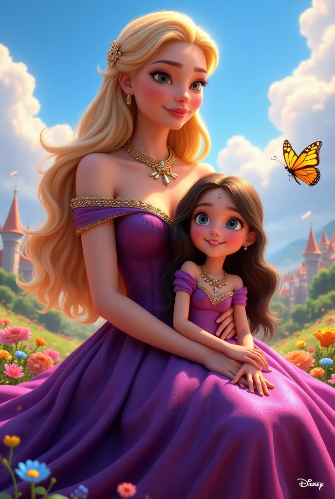 Make a Disney Pixar-style poster, in 3D, of a family, a 37-year-old woman in a queen like dress with necklace, tall, medium body, blonde hair , a baby on his lap of 2 year old girl, thin, wavy hair, dark blonde hair, long hair make a photo of 10:19 aspect ratio