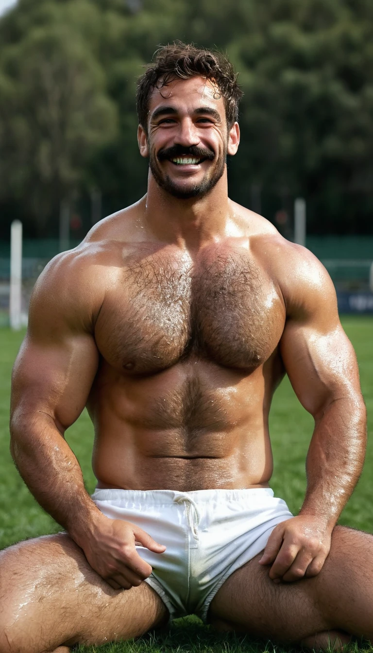 a character portrait [Rugby player ] italian look ,Italian , short hair ,mustache , Rugby Park , very muscular , smile ,very very hairy body, Alpha male, huge biceps, defined abs, naked ,show your penis , very wet with sweat , sitting on the grass , her legs are open , shows her crotch ,very hairy pecs , barefoot, elegant, rugby field path, sunny] 4k, high detailed, beautiful, translucent white shorts ,Dark Age, arte de Stanley artgerm, by Daniel F. Gerhartz, by Pino Daeni, Very detailed, sharp focus