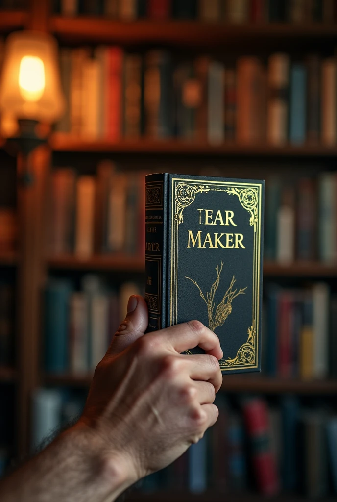 An image showing a male hand, holding the book "tear maker"