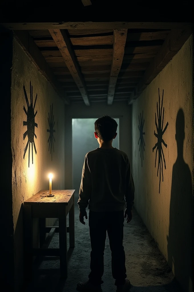 A teenage boy standing in a wooden cabin with symbols on the walls black and white horror scene 