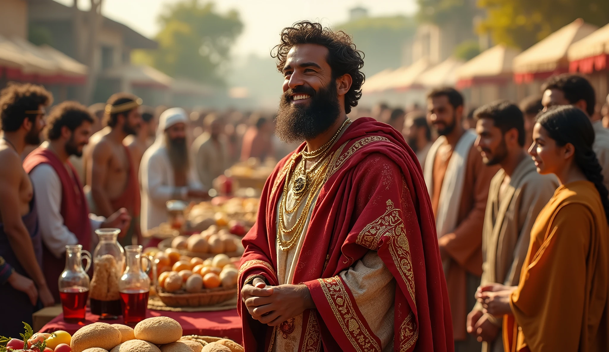 Create a hyper-realistic image of Solomon in an environment where he is distributing food and resources at a harvest festival. The scene should show tables full of fruit, breads, and wine jugs, with people in typical clothing from the time from all parts of the kingdom participating in the celebration. Solomon is at the center of the scene, with an expression of contentment as he watches the happiness of his people, reinforcing that generosity creates a continuous cycle of positive feedback.