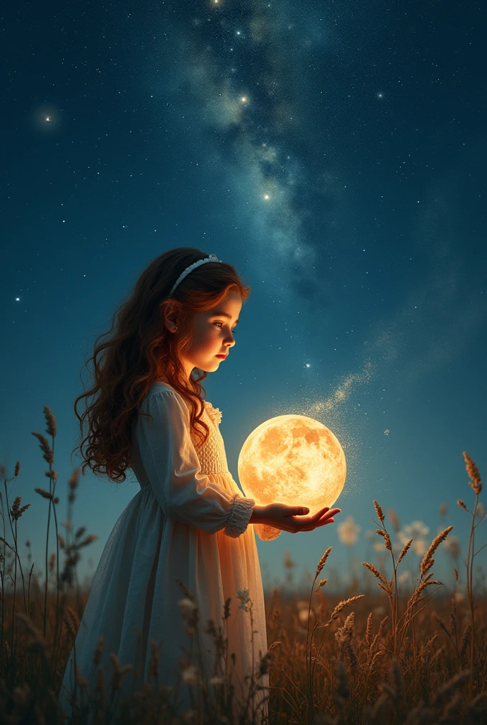 A girl holding a mysteriously glowing celestial globe with great care, the sky full of stars, a solemn atmosphere,