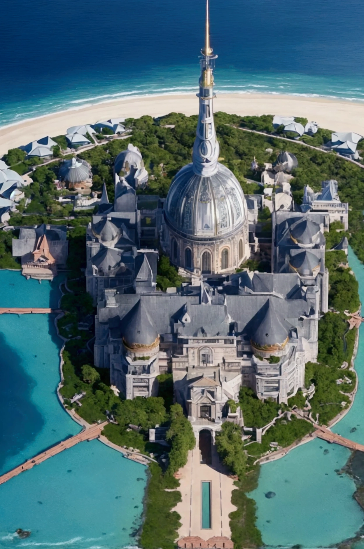 "An aerial view of the Zalvediuse Institute, a futuristic, black and gold complex, set on a private island. The central building, a gleaming beacon of power and prestige, is surrounded by sectors: a luxurious dormitory to the east, a bustling city to the west, a tourist paradise to the north, and opulent mansions to the south. The island is accessible only by helicopter, a testament to its exclusivity."