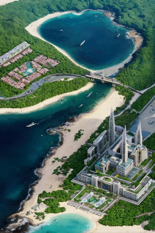 "An aerial view of the Zalvediuse Institute, a futuristic, black and gold complex, set on a private island. The central building, a gleaming beacon of power and prestige, is surrounded by sectors: a luxurious dormitory to the east, a bustling city to the west, a tourist paradise to the north, and opulent mansions to the south. The island is accessible only by helicopter, a testament to its exclusivity."
