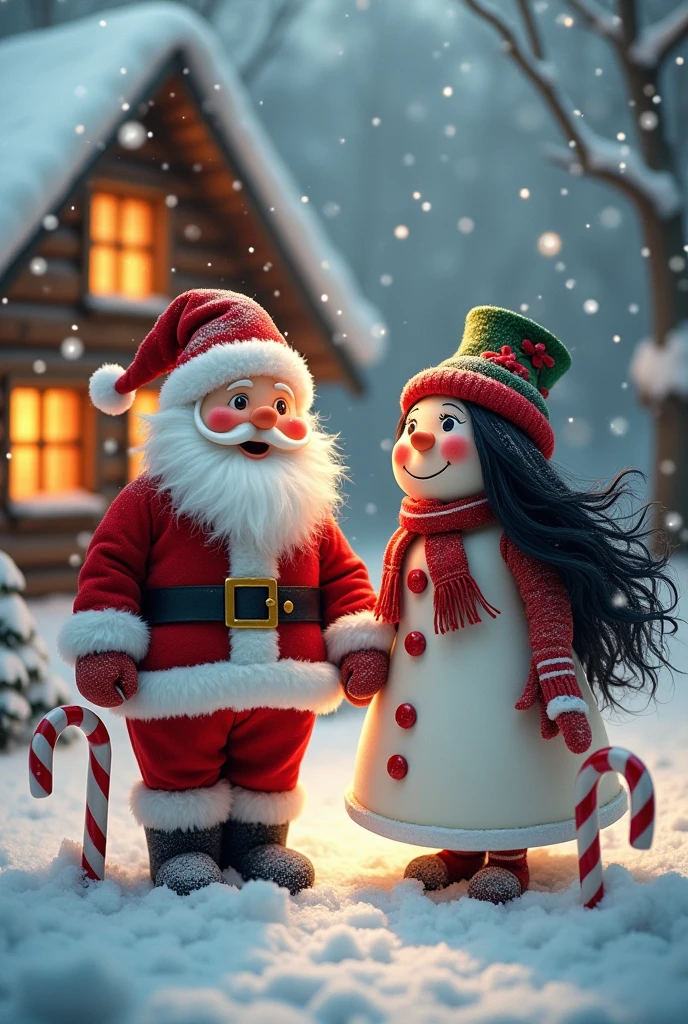 Santa Claus with his chubby wife black hair candy canes snowman snowflakes 