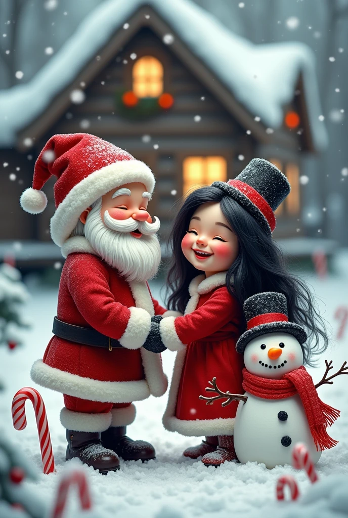 Santa Claus with his chubby wife black hair candy canes snowman snowflakes