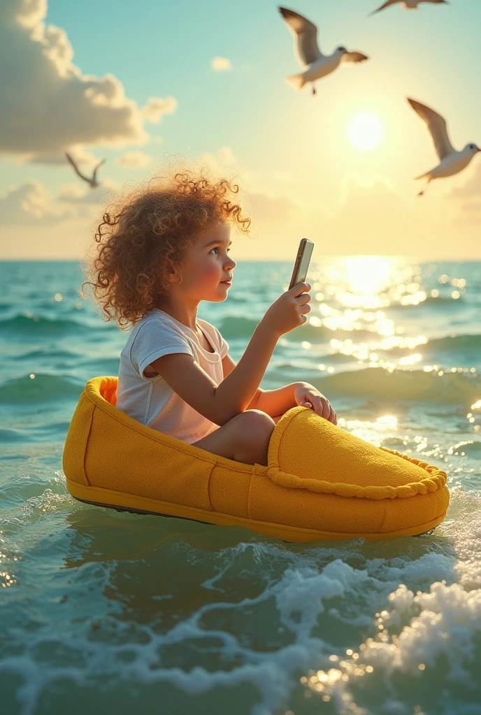 A girl with curly hair sitting into a slipper and pass across sea ,taking a realistic photo and a phone in her hand