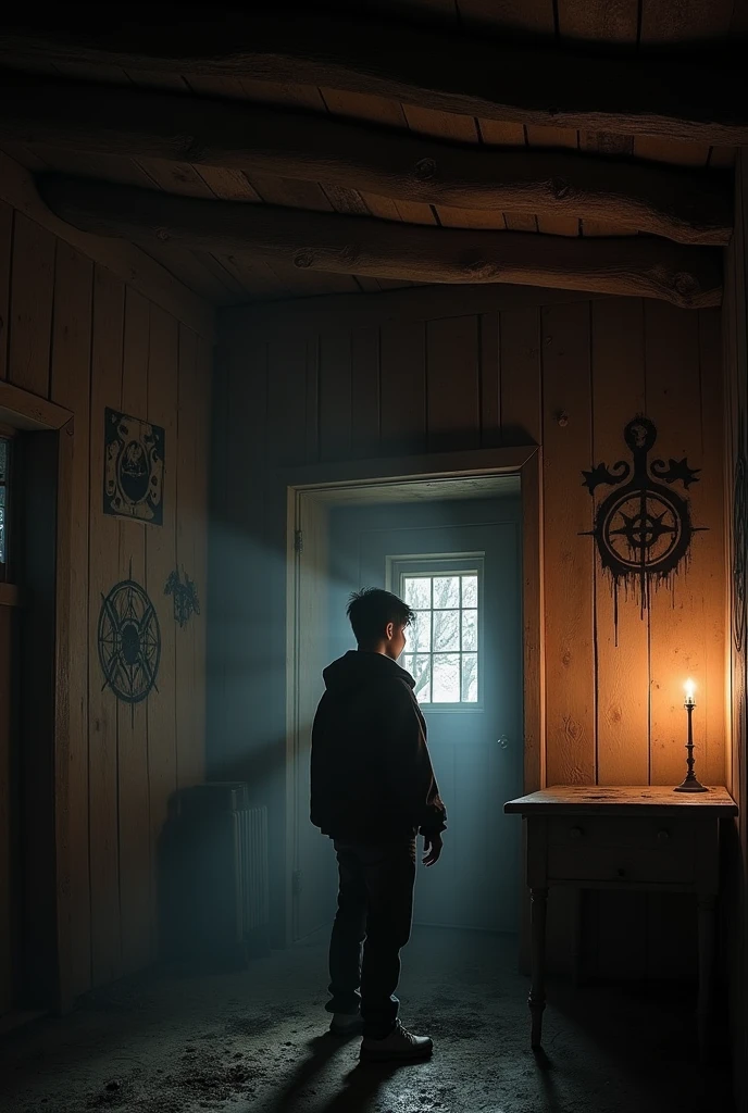 A  boy standing in a wooden cabin with symbols on the walls black and white horror scene 