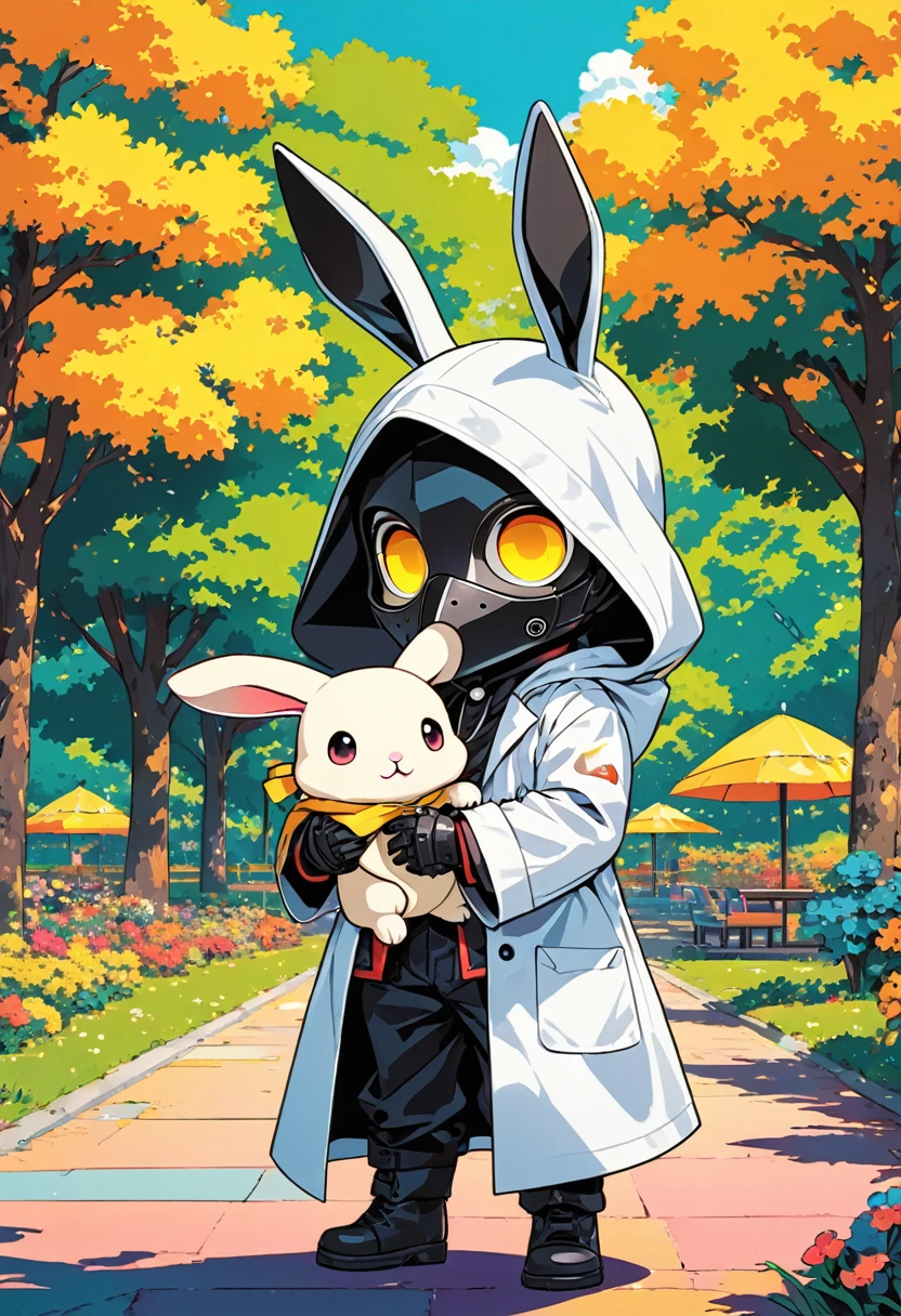 (masterpiece, best quality:1.1), (ultra highres, ultra-detailed:1.2),pop-art style,flatcolor, (he is playing),(in kids park), BREAK chibi-boy,(wearing plague-doctor costume,plague-doctor's mask),eyes glow yellow,(white hood with rabbit ears),white lab-coat, mecha arm,enjoy, (holding a cute rabbit),