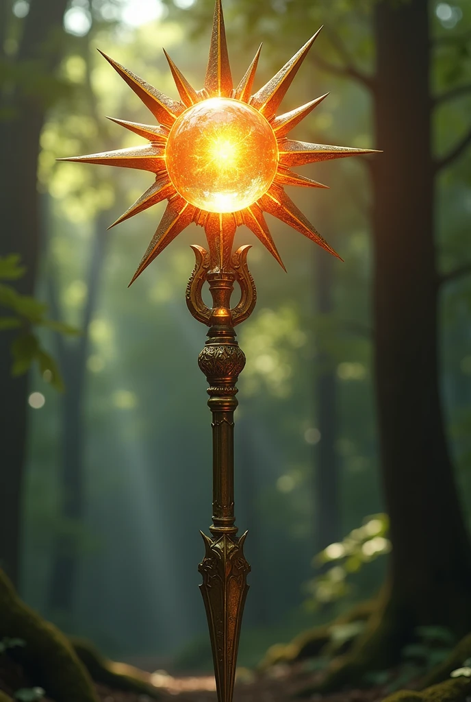 A staff with a star inside and spikes on the outside that resemble the sun. Additionally, the bottom of the staff incorporates a sharp spear.( no human)