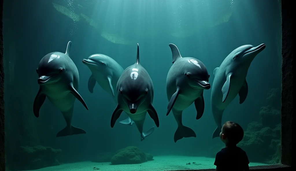 Five dolphins are in a small enclosure and appear to be in distress.、Horror