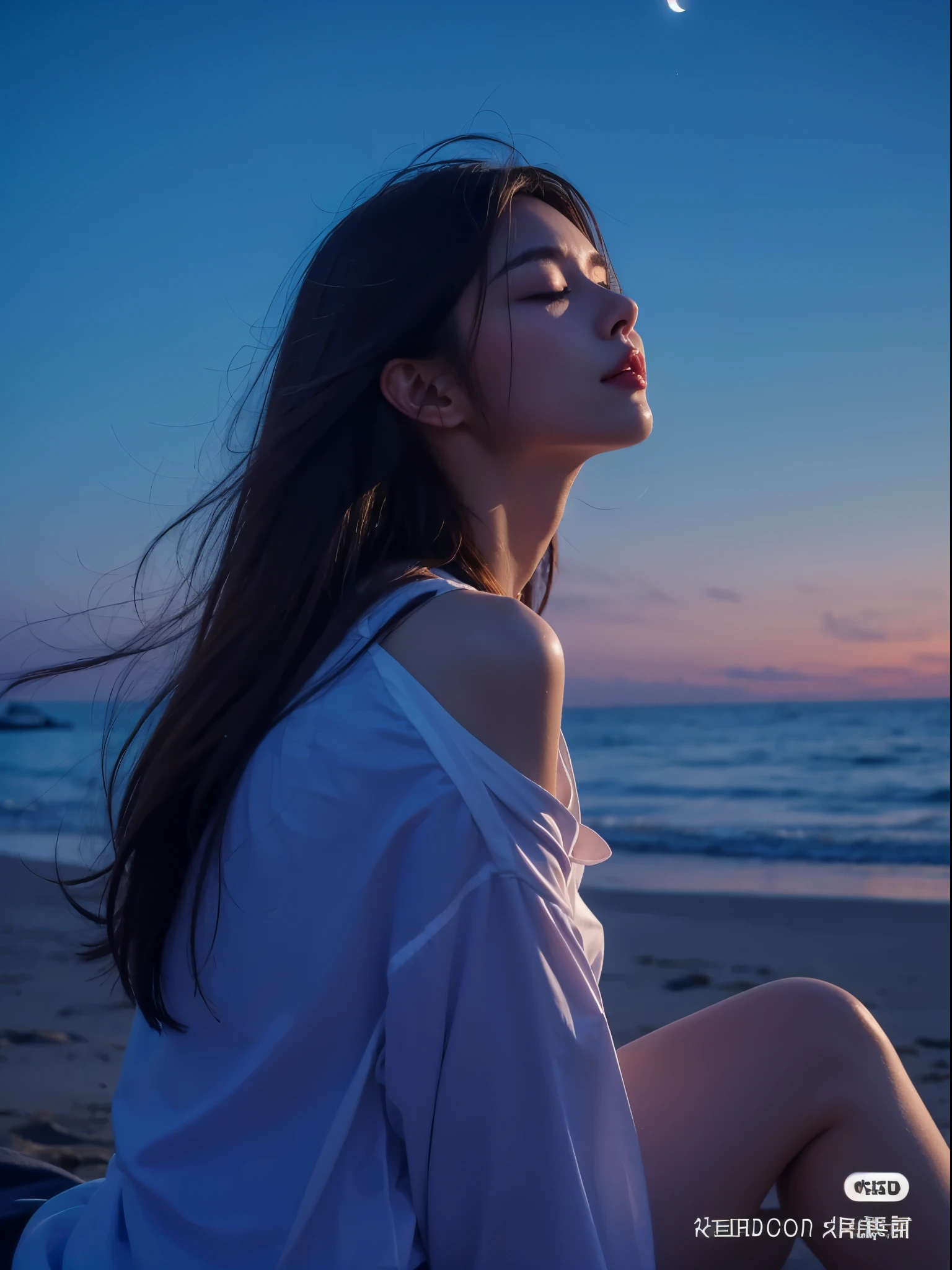 Beautiful Japan, Early 30s, Dark brown hair, White shirt, Moon, night, beach, Close your eyes 