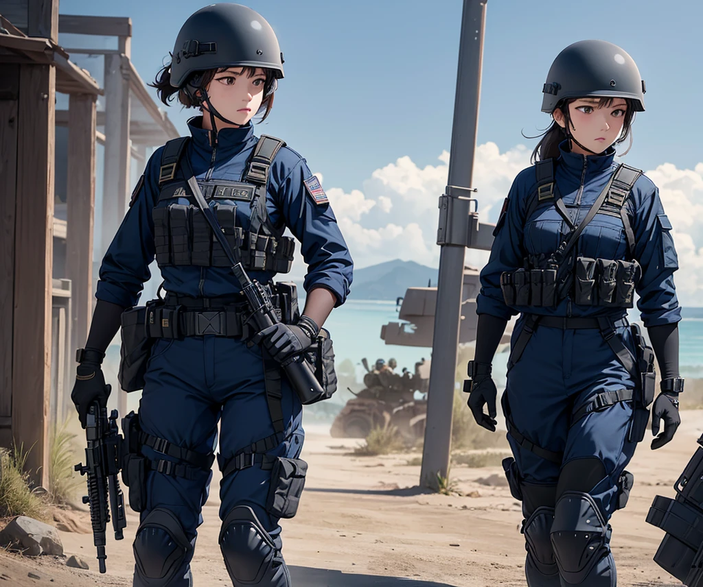 A group of female special forces soldiers wearing helmets,Navy blue uniforms、Military Pants、Magazine Pouch、Tactical Shoulder Strap、Knee pads、Standing side by side、Write details、masterpiece、best quality、Highly detailed CG、8K picture quality