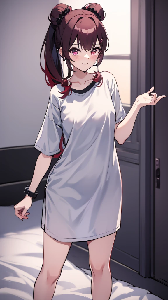 High tail hairstyle, two Ponytail hairstyle, Ponytail hairstyle, Long wavy black hair, standing posando, anime girl style, pixel art anime style,penetrating look with deep eyes,red and purple eyes, hair with a ponytail hairstyle trapped with a big red bun, women, red hair clips, x color shaped hair clips , smiling face blush, next to his bed, Black hair, thighs grandes, NSFW, from below, neckline, looking at the viewer, lascivious smile, ((oversized t-shirt)), off the shoulders, without pants, washing machines, thighs, ((White T-shirt)), standing, hands on the hips,
