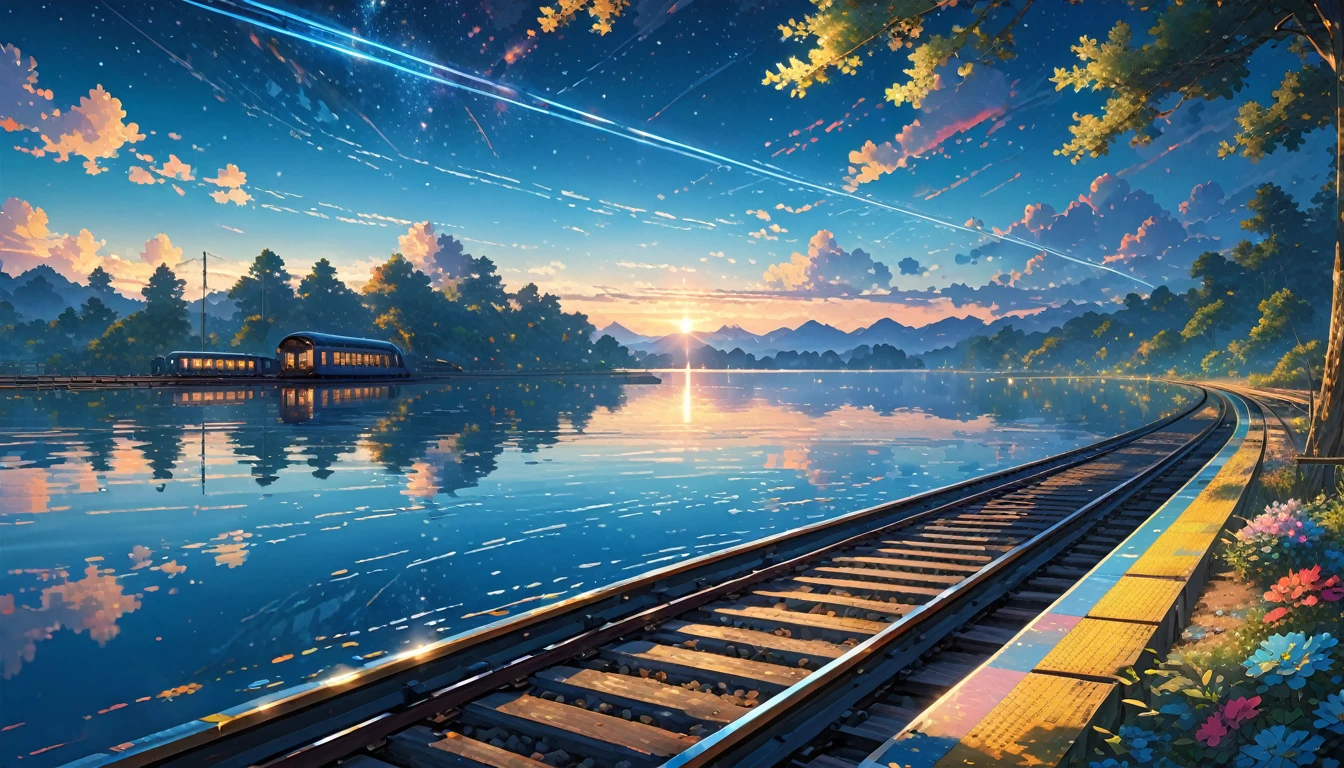 score_9, score_8_upper, score_7_upper,A train running on water,Large Lake,Sunken rail,(((Angle from the side))),Small station platform,(((Blue overall color))),summer,horizontal line,Morning Glow,Starry Sky,Streaks of Light,(masterpiece, Highest quality, Highest quality, Official Art, beautifull, beautiful:1.2,Ray Tracing),Very detailed,Blue tones,Very detailed, (Fractal Art:1.3), Most detailed, High resolution, Impressive visuals, (Dynamic Stripes, Light trail:1.2), Vibrant colors ,Detailed Images