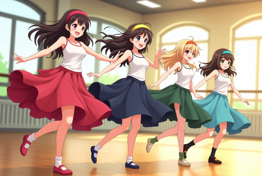 a group of four anime girls practicing dance, all of them wearing simple white tank tops with elegant and colorful theatrical skirts.
