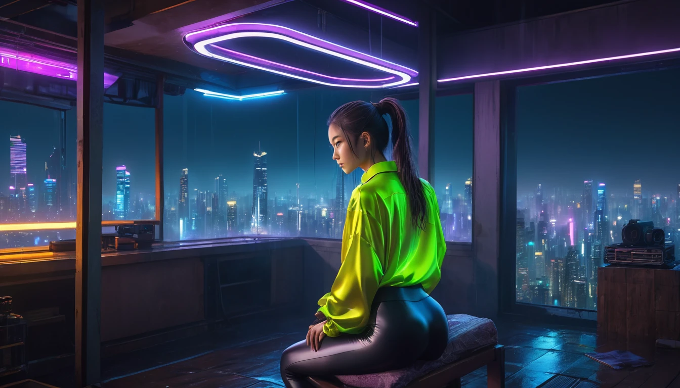 Highest quality, masterpiece, High resolution, 8k, (((She wore an oversized silk shirt and wet-look leggings.、Cute and skinny、Barely an adult, Bare Belly, wide neckline, Deep neckline, small and taut breasts, Beautiful attention to detail, Beautiful lip detail, Small closed mouth, Highly detailed face, Long ponytail, Small hips))), Cyberpunk Apartment, Gloomy atmosphere, Dramatic and random neon colors, Futuristic Setting, Intricate details, At night, Backlight, Full Body Shot, A view from afar, Random Pause