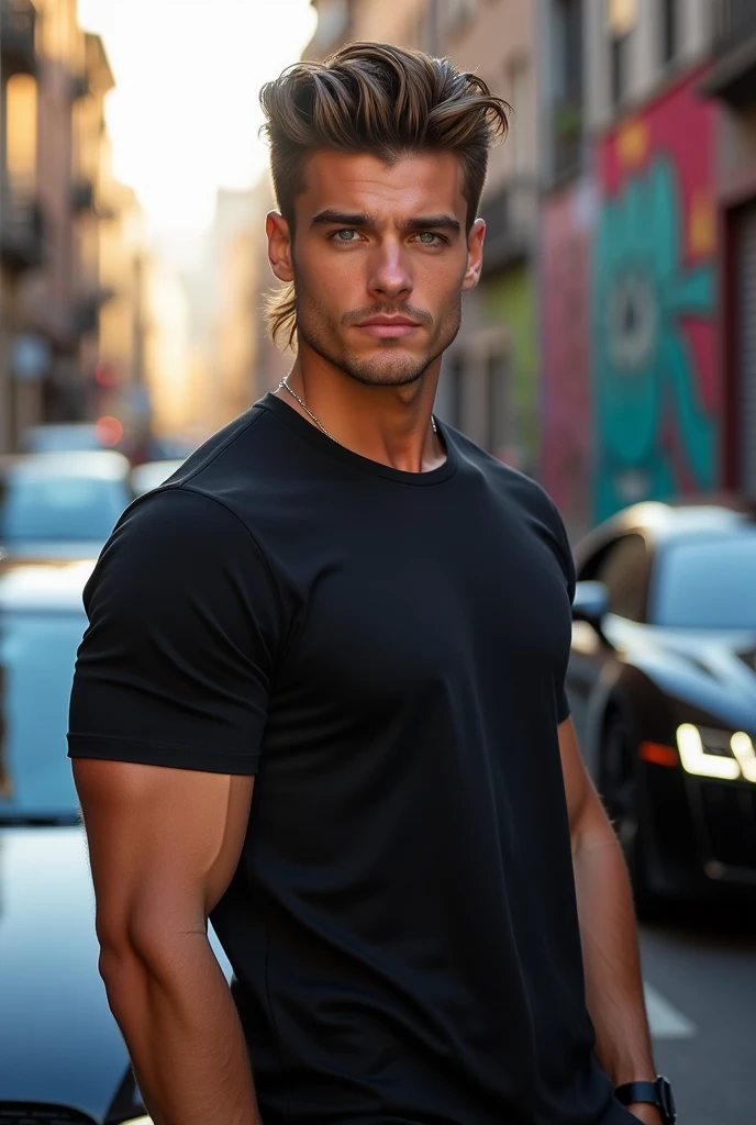 Handsome guy with mullet haricut, blue eyes, T shirt, Audi R8 v10