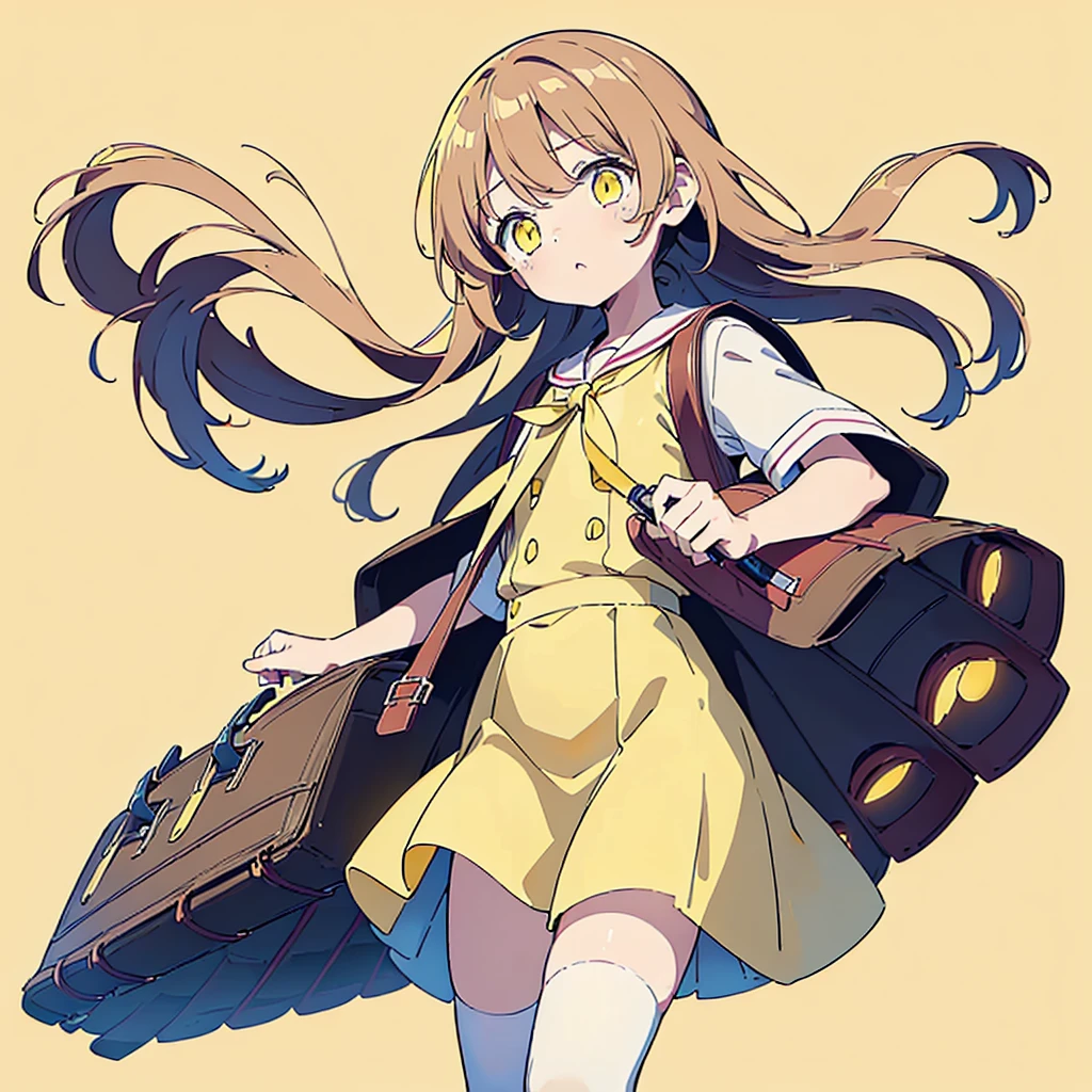 1girl,(((Perfect Anatomy、Highest quality、Masterpiece、Official Art、Super detailed、Dynamic structure、Anime Style)))、Elementary school students、Redワンピースで腰回りに黄色の大き目のボタン、White Y-shirt、Red🎀、White knee-high socks、Brown Loafers、Carrying a red backpack、Recorder is visible from the school bag、Being buffeted by strong winds、Image from above、Strong wind blowing from the viewer's side、Strong wind blowing from the direction of travel, hair blowing back、((Yellow simple background:1.5))、