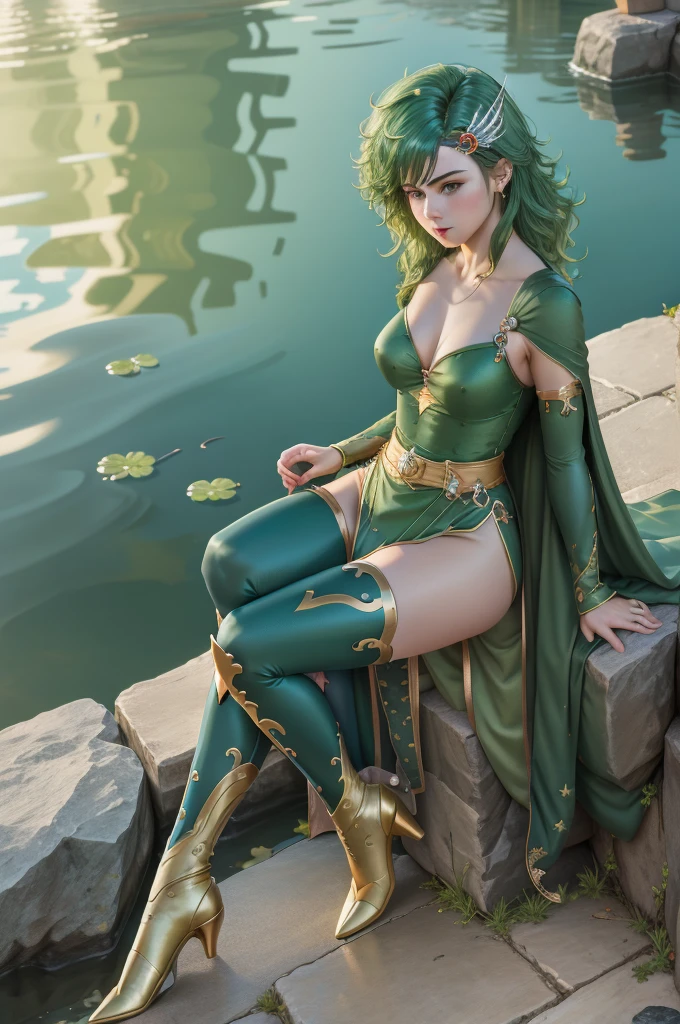 masterpiece, Highest quality, Lydia, Green Cape, hair ornaments, Green leotard, belt, Removable sleeves, Thigh-high boots, Sitting, Pool, rock, Grapevine, null, From above