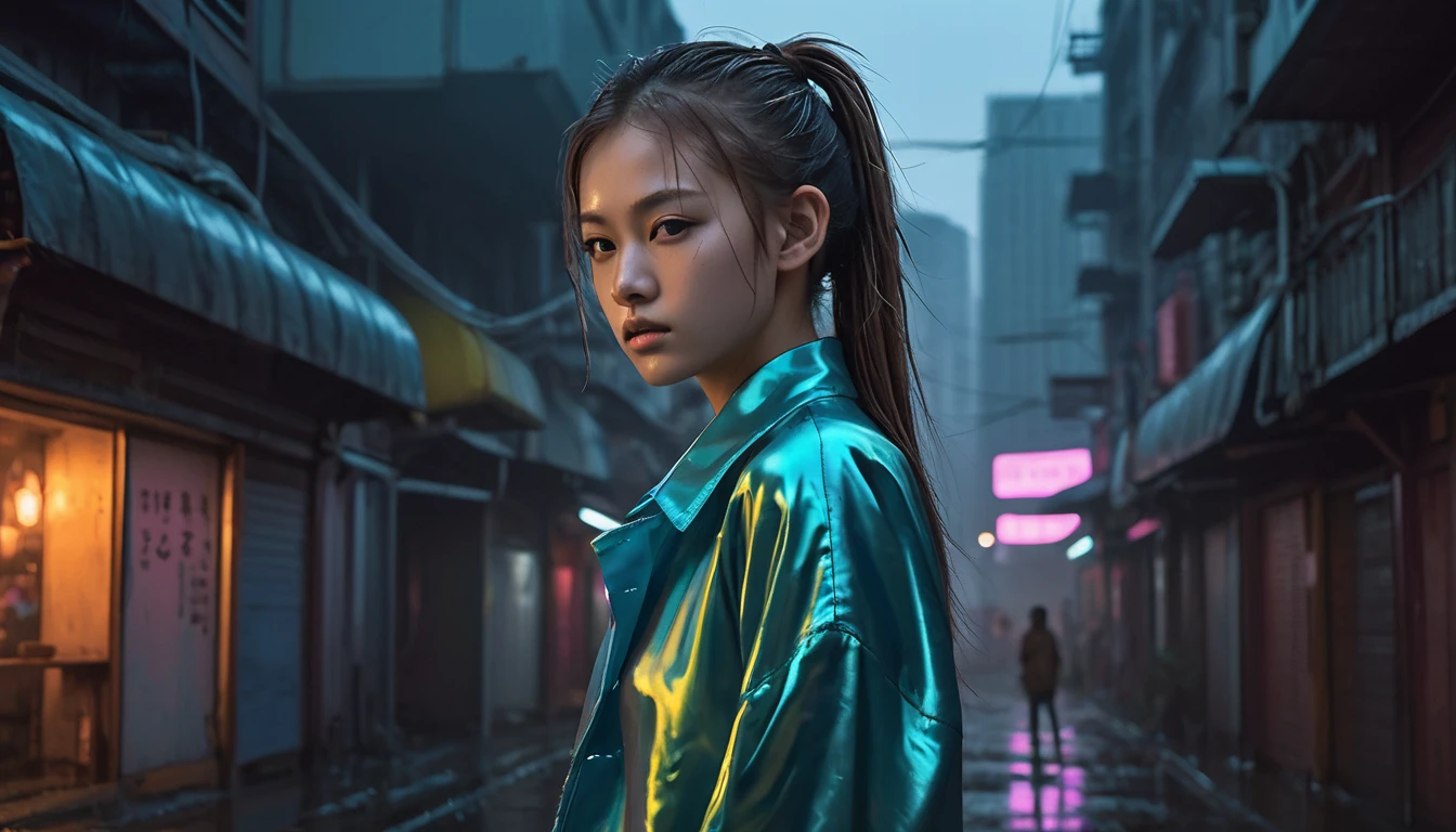 Highest quality, masterpiece, High resolution, 8k, (((She wore an oversized silk blouse and wet-look leggings.、Cute and skinny、Barely an adult, Bare Belly, wide neckline, Deep neckline, small and taut breasts, Beautiful attention to detail, Beautiful lip detail, Small closed mouth, Highly detailed face, Long ponytail, Small hips))), Cyberpunk Apartment, Gloomy atmosphere, Dramatic and random neon colors, Futuristic Setting, Intricate details, At night, Backlight, Full Body Shot, A view from afar
